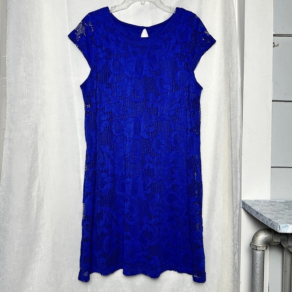 Ronni Nicole Dresses & Skirts - Ronni Nicole Blue Floral Crochet Lace Dress Knee Length Feminine Holiday Sz 16
